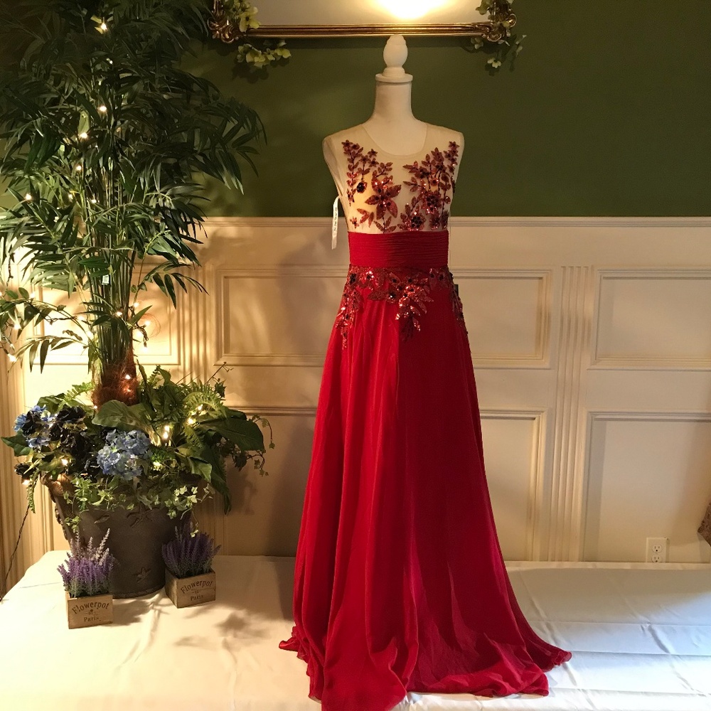 Red formal dress with sequins flowers